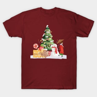 Woman and Snowman with Christmas Tree T-Shirt